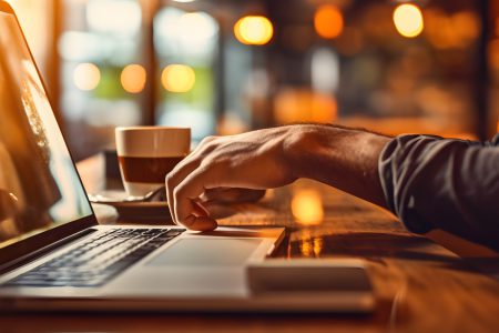 A person working on a laptop and drinking coffee in a modern office Generative AI